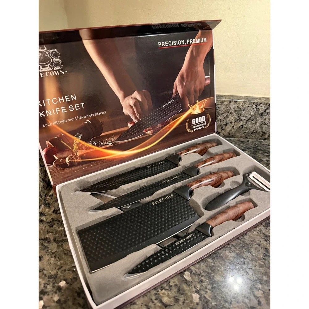 Five Cows 6 Piece Kitchen Knife Set Black Non Stick Stainless Steel Wood Grain